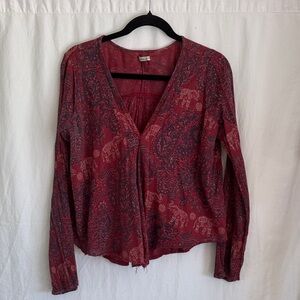 Hollister Burgundy Paisley Elephant Print V-Neck Blouse